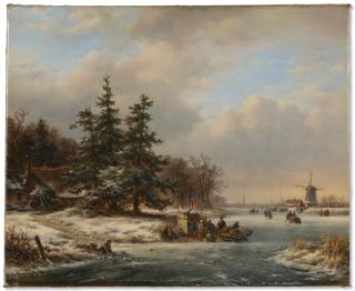 Lodewijk Johannes Kleijn - A winterlandscape with skaters on the ice near a koek-en-zopie, Utrecht in the distance