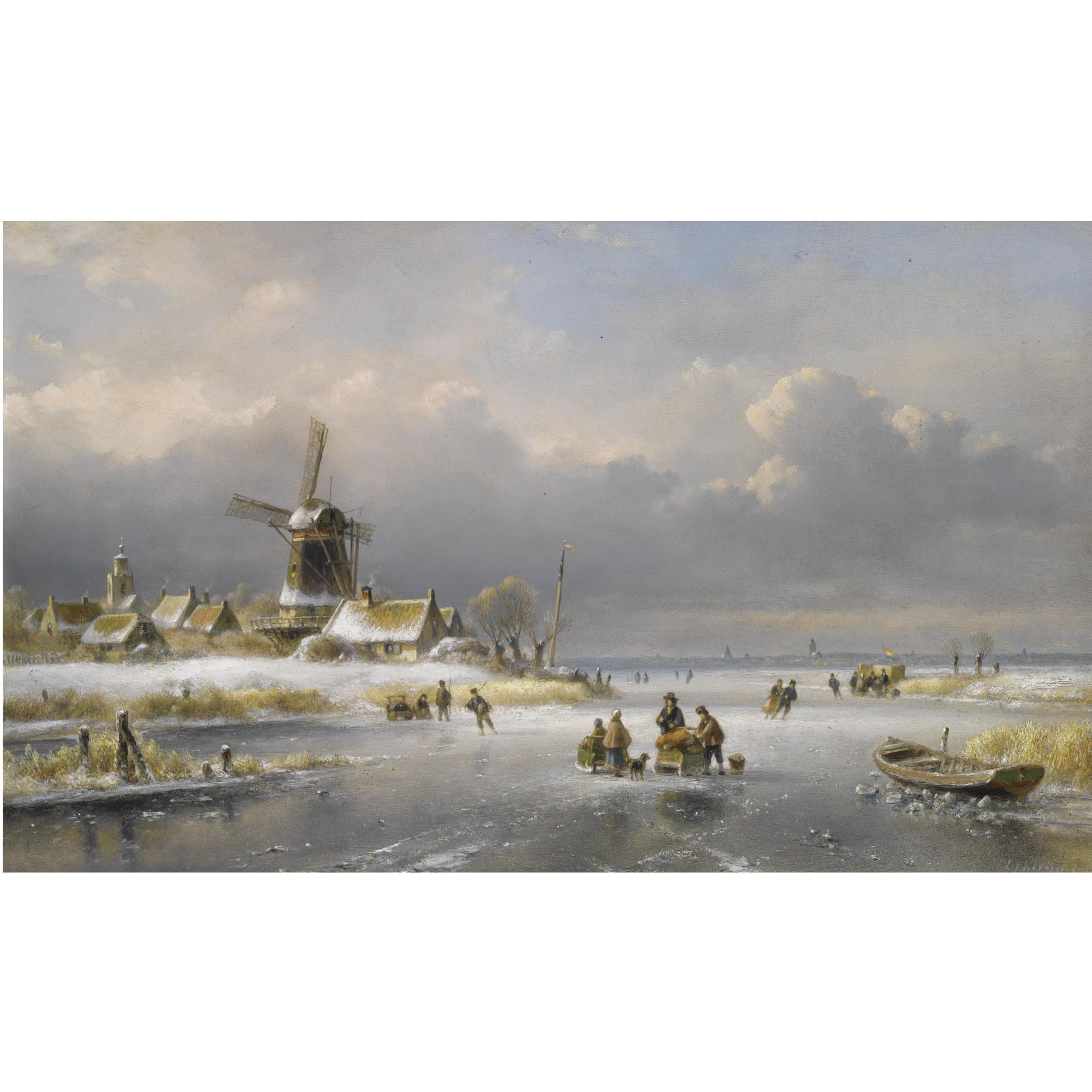 Lodewijk Johannes Kleijn - Dutch a Winter Landscape With Skaters On A Frozen Waterway