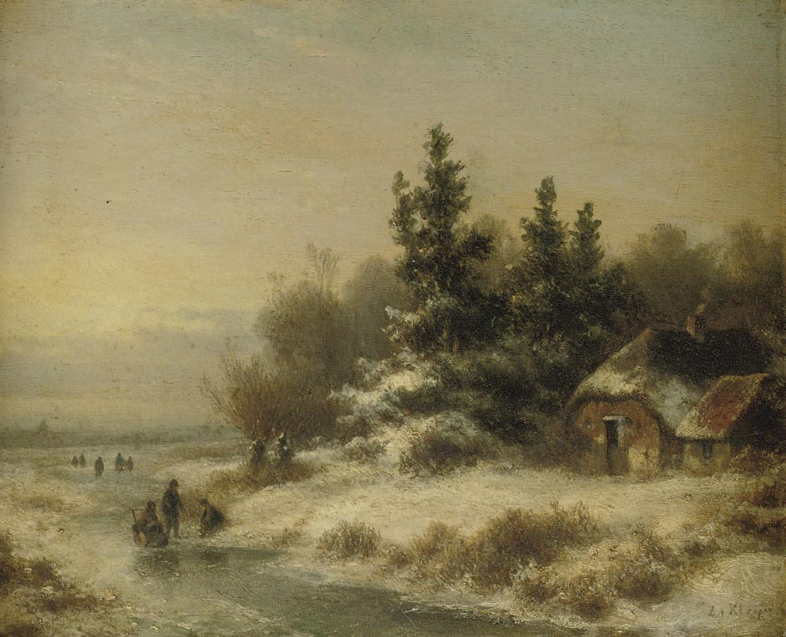 Lodewijk Johannes Kleijn - Figures on a frozen waterway near a farmhouse