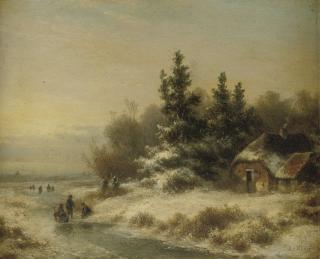Lodewijk Johannes Kleijn - Figures on a frozen waterway near a farmhouse