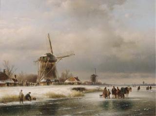 Lodewijk Johannes Kleijn - Figures on a frozen waterway with windmills on the river bank