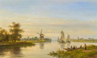 Lodewijk Johannes Kleijn - Holländische Kanallandschaft mit Fährboot.