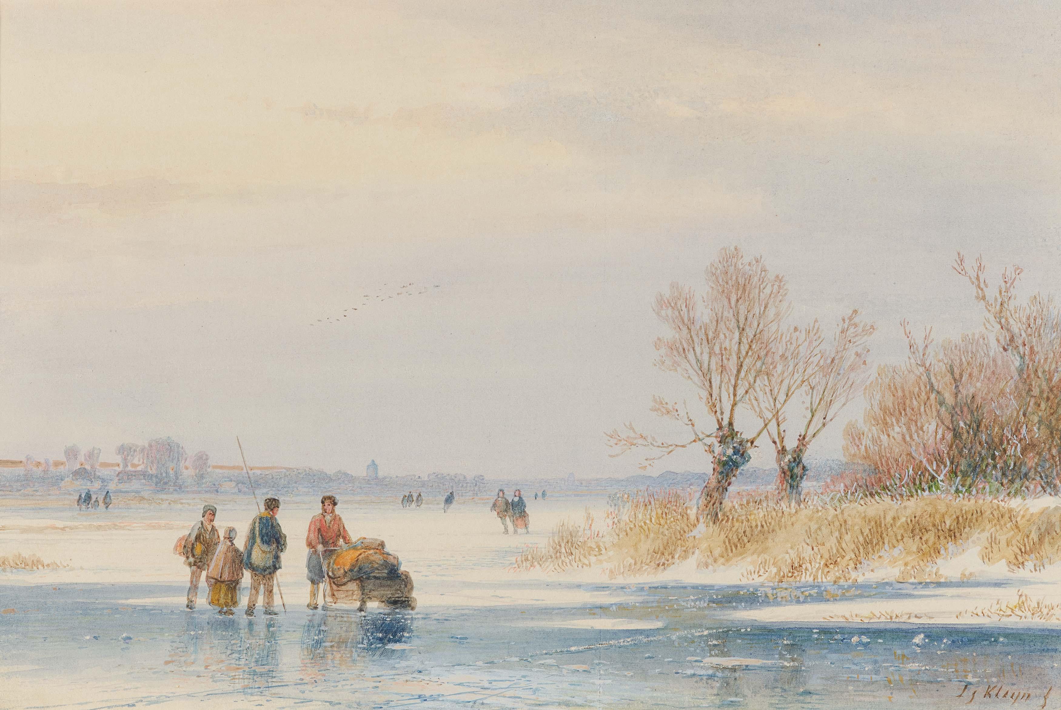 Lodewijk Johannes Kleijn - Holländische Winterlandschaft mit Personen auf dem Eis.