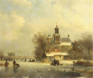 Lodewijk Johannes Kleijn - Numerous skaters on the ice by a church, a koek and zopie and a sunlit town in the distance