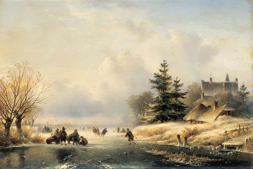 Lodewijk Johannes Kleijn - Skaters on a frozen waterway, a mansion beyond