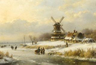 Lodewijk Johannes Kleijn - Skaters on a frozen waterway by a windmill