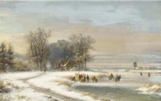 Lodewijk Johannes Kleijn - Skaters on the ice by a koek en zopie, a windmill in the distance