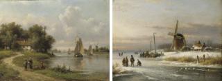 Lodewijk Johannes Kleijn - Skaters on the ice near a windmill; and Fishing by the river in summer