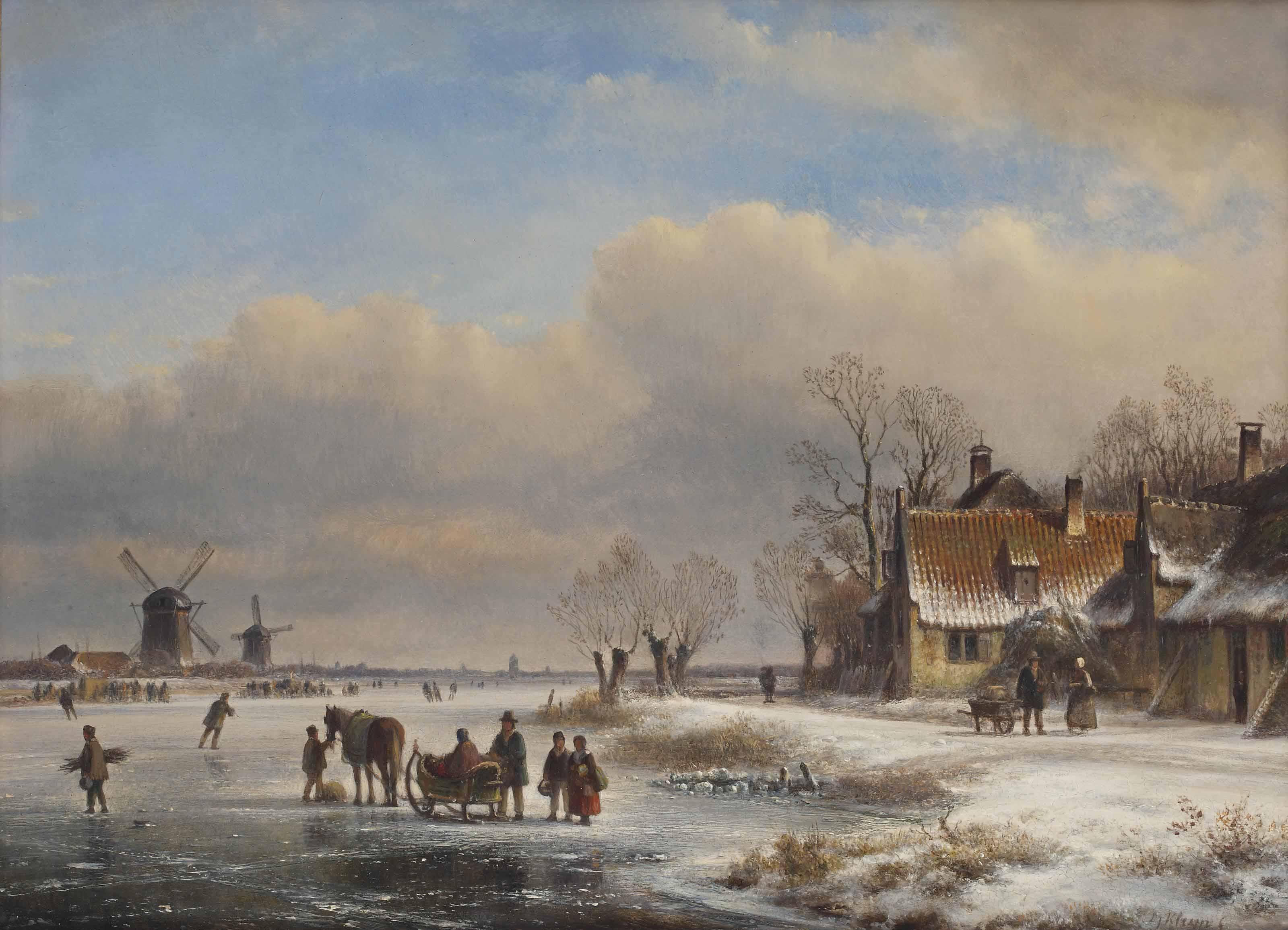 Lodewijk Johannes Kleyn - Figures and a sleigh on the ice