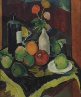 Lodewijk Schelfhout - A still life with fruits, flowers and a bottle