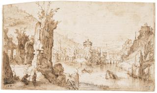 Lodewijk Toeput - Fantastic River Landscape With Ruins, A Castle And Figures Conversing In The Foreground