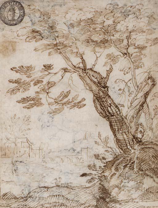 Loedewijk Toeput - Study of a tree, a small cottage and bridge in the distance (recto); A mother and child, birds and dogs (verso)