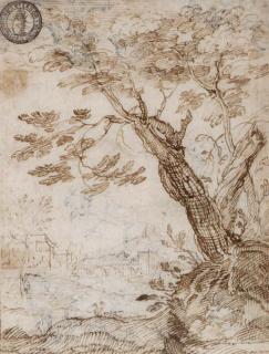 Loedewijk Toeput - Study of a tree, a small cottage and bridge in the distance (recto); A mother and child, birds and dogs (verso)