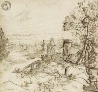 Loedewijk Toeput - Un chasseur tirant sur un canard sur le bord d\'une rivière