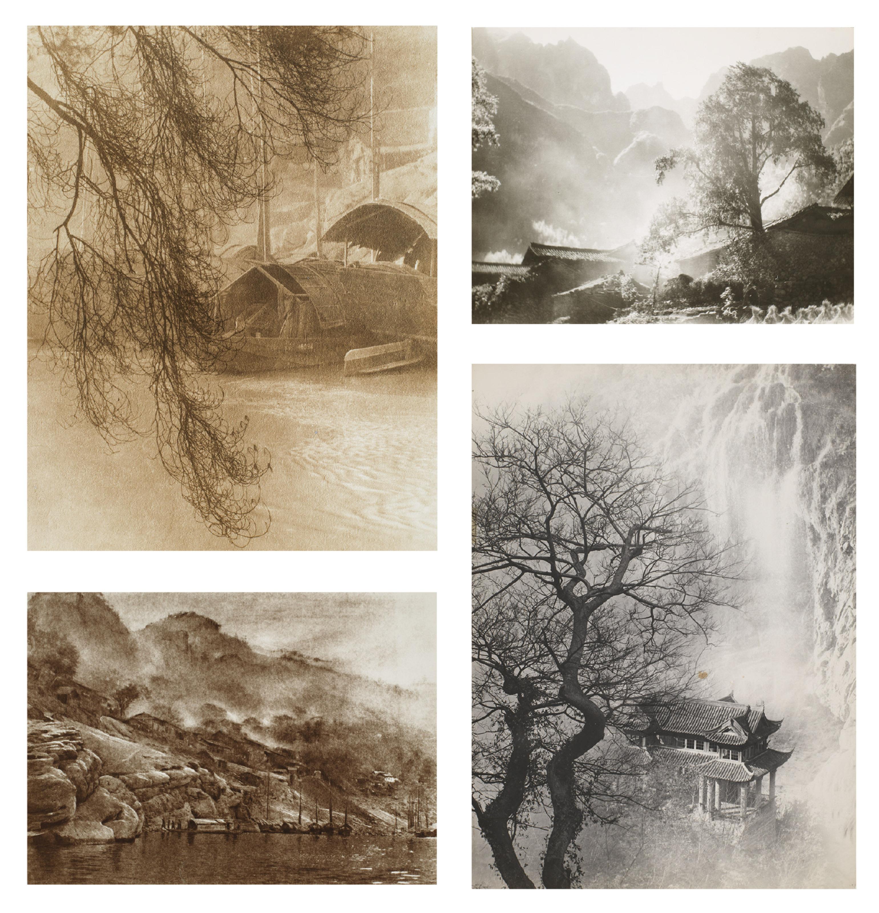 Long Chin-San - Pavillion by a Fall; Anchored for the Night; Market Town; & Village in the Mist