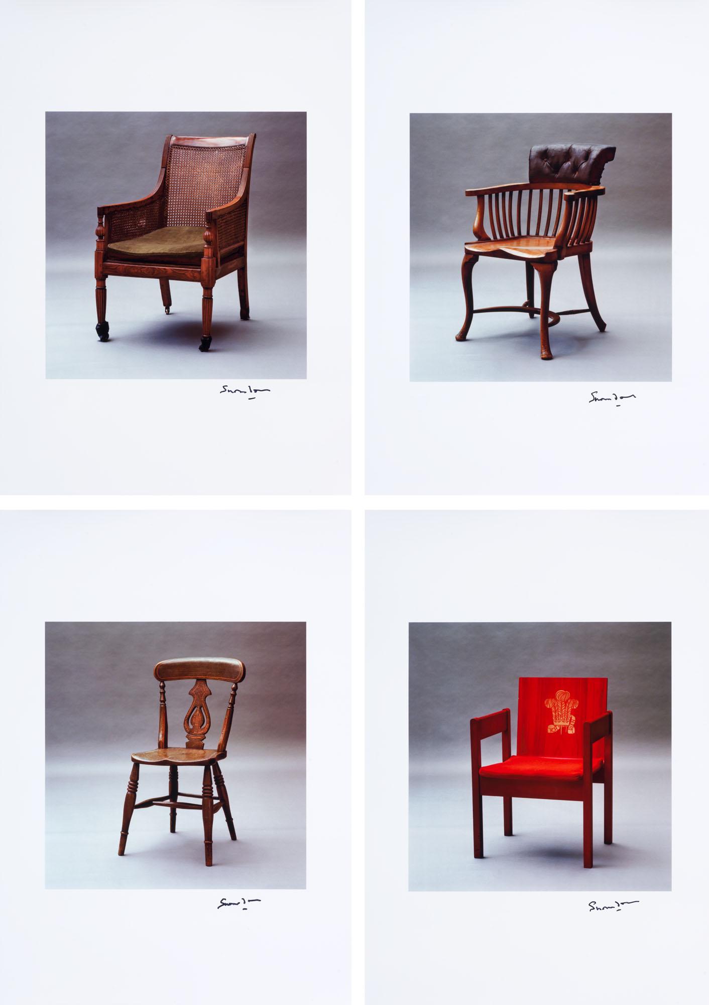 Lord Snowdon - Invesiture Chair (i); Kitchen Chair (ii); Stationmaster Chair (iii); Wicker Chair (iv), 2013
