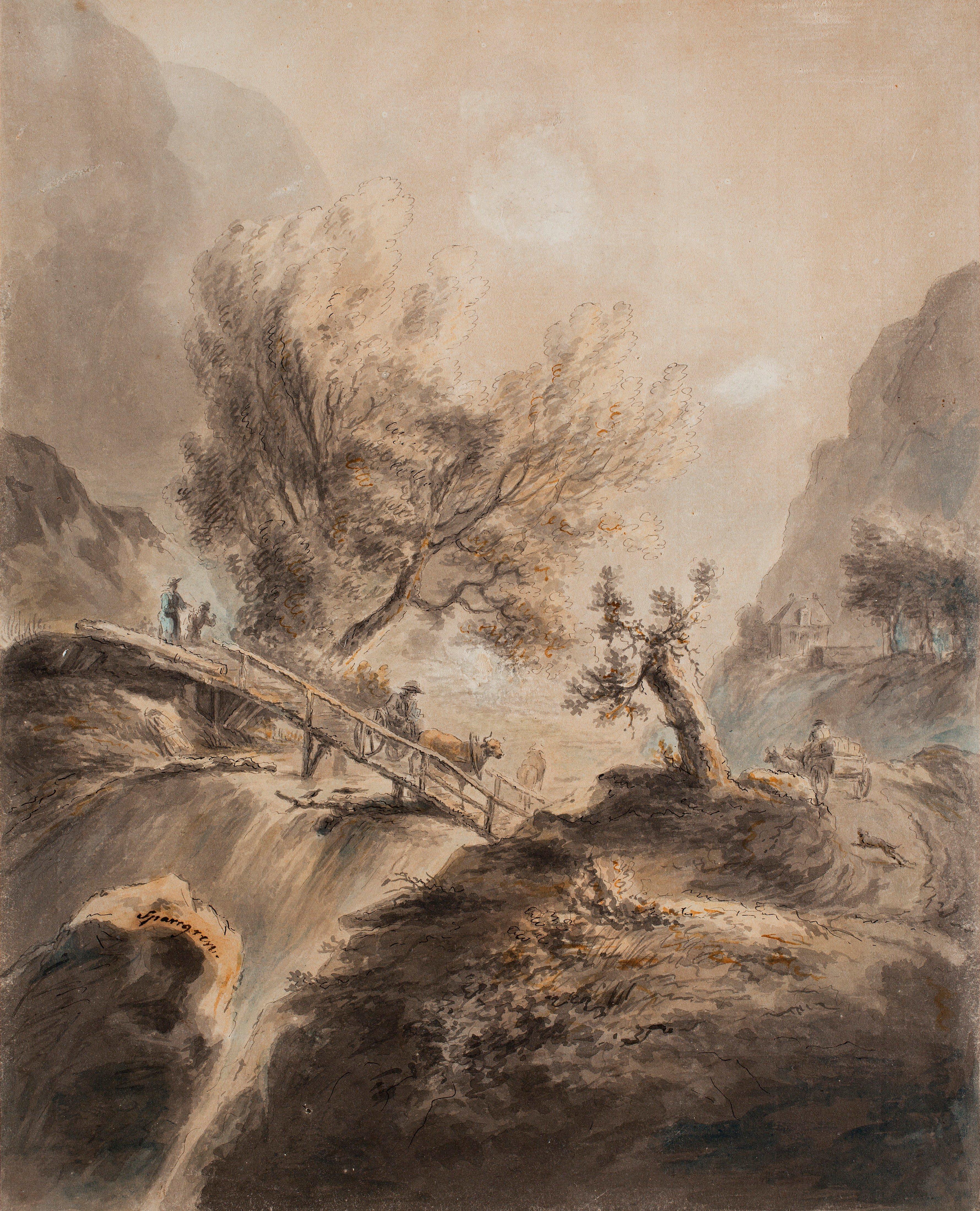 Lorentz Sparrgren - Landscape with figures and animals by the river.