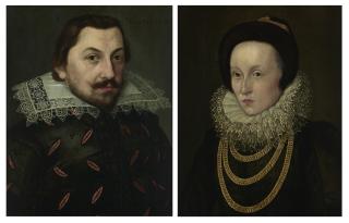 Lorenz Strauch - Portrait of a man, bust-length, in a black slashed silk doublet with a Puntonari lace standing collar; Portrait of a woman, bust-length, with a lace ruff and gold chains