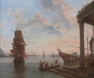 Lorenzo A. Castro - A capriccio of a Mediterranean harbour with elegant figures disembarking, shipping beyond