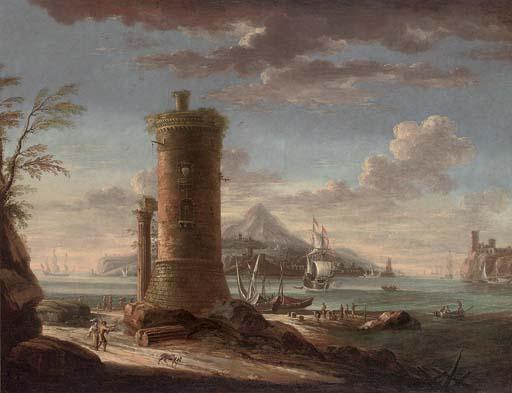 Lorenzo A. Castro - A capriccio of a Mediterranean harbour with stevedores on the bank by a tower near classical ruins, shipping beyond