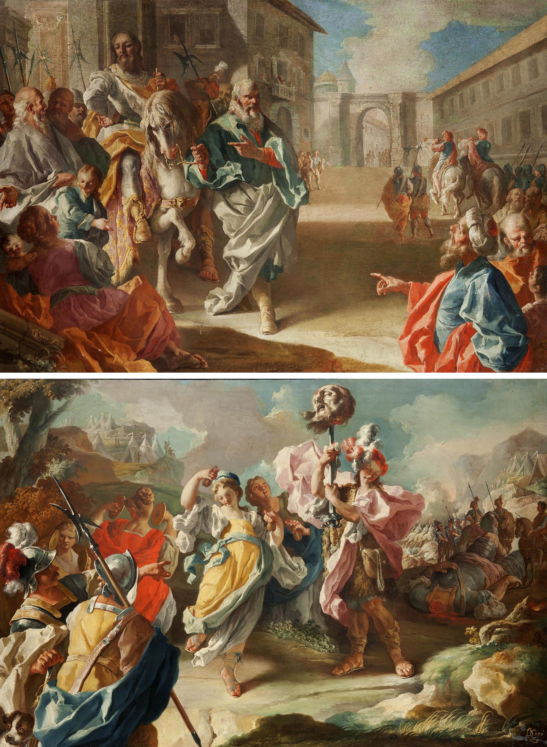 Lorenzo De Caro - Serie di cinque oli su tela raffiguranti scene bibliche: \' Trionfo di David\' \'Trionfo di Mardocheo\', \'Ritrovamento di Mosè\', \'Trionfo di Giuditta\', \'Ester e Assuero\', (misure diverse)