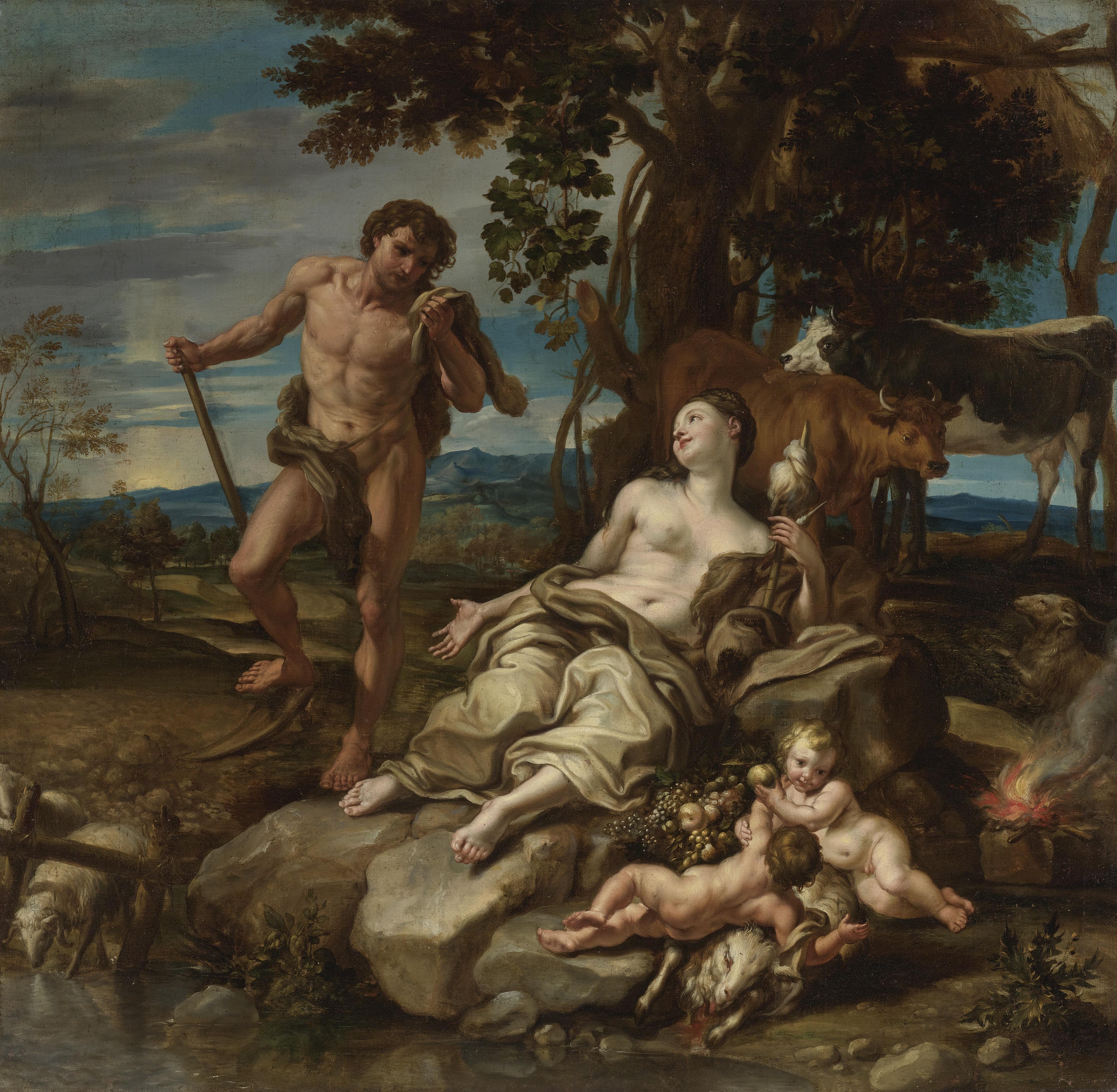 Lorenzo De\' Ferrari - Adam And Eve With The Infants Cain And Abel