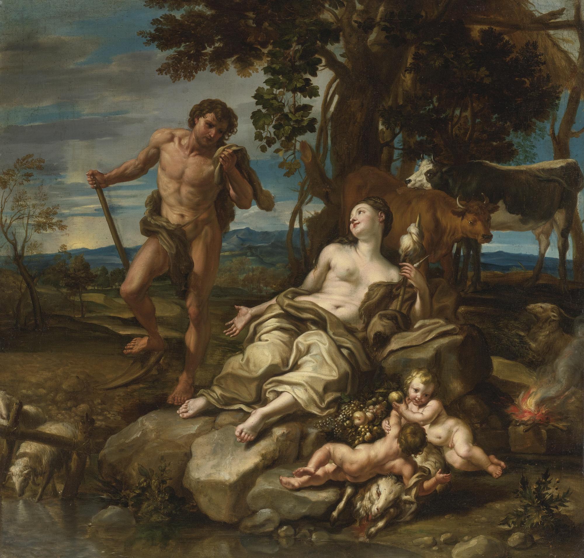 Lorenzo De\' Ferrari - Adam And Eve With The Infants Cain And Abel