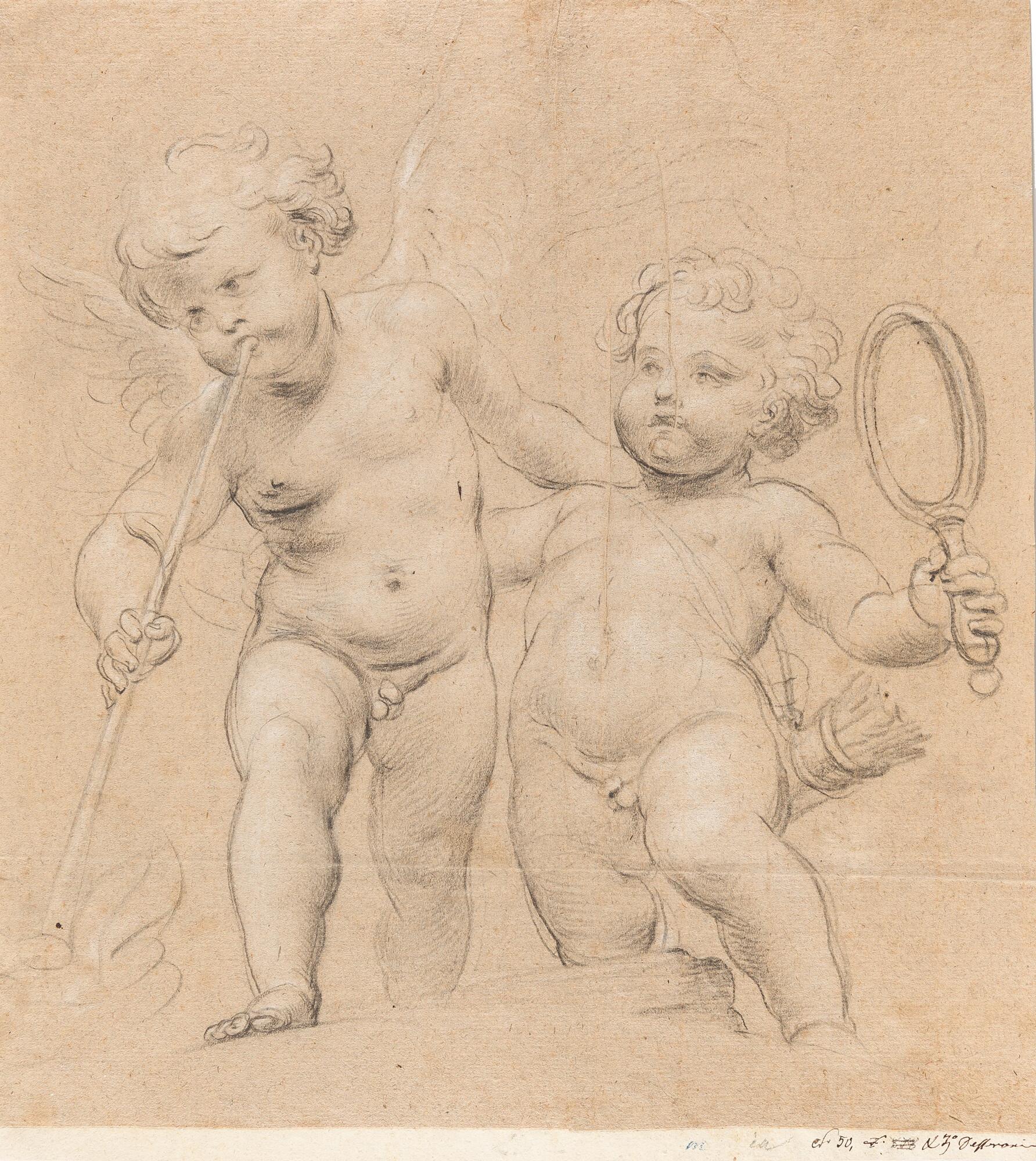 Lorenzo De‘ Ferrari - Zwei Amoretten mit Schalmei, Spiegel und Köcher