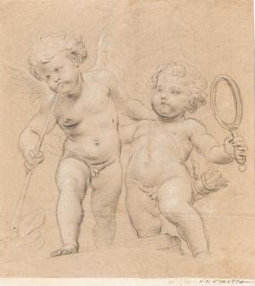 Lorenzo De‘ Ferrari - Zwei Amoretten mit Schalmei, Spiegel und Köcher