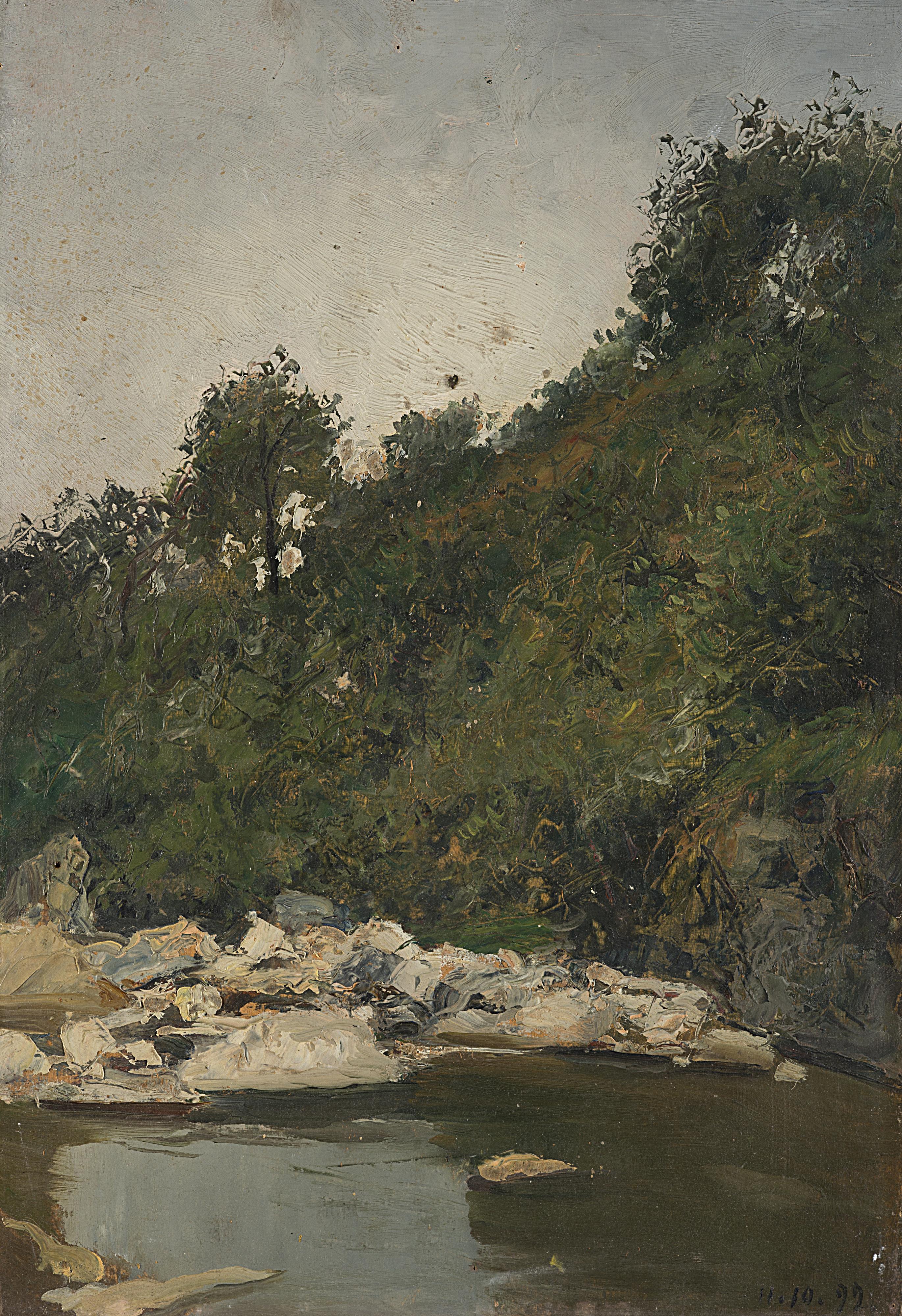 Lorenzo Delleani - Greto di torrente sotto una scarpata boschiva