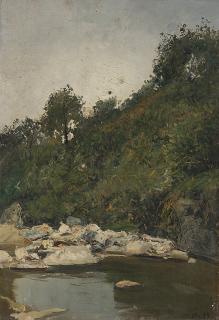 Lorenzo Delleani - Greto di torrente sotto una scarpata boschiva