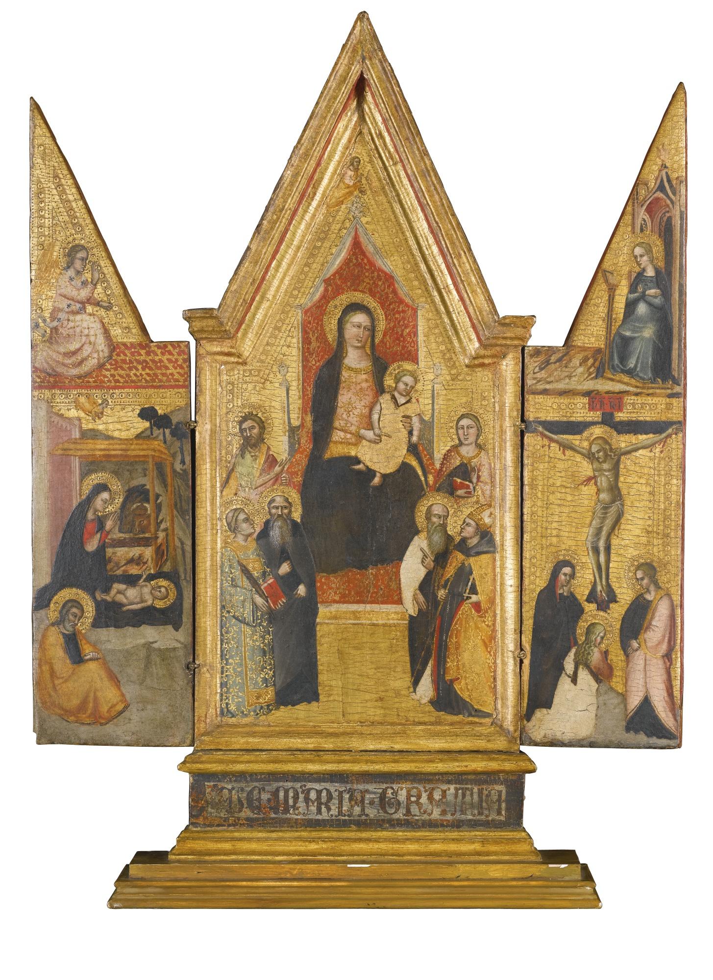 Lorenzo Di Bicci - A Portable Triptych Showing The Madonna And Child Enthroned With Saints, With The Annunciation, Nativity, And Crucifixion Depicted On The Wings