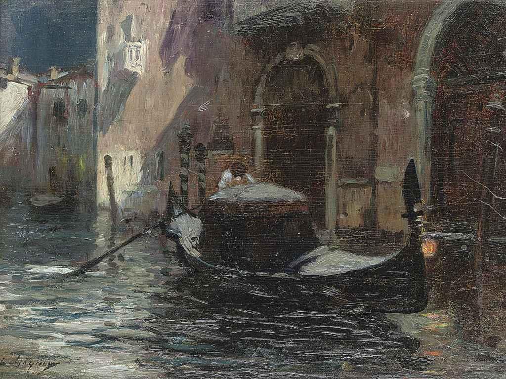 Lorenzo Gignous - A gondolier on a moonlit backwater, Venice