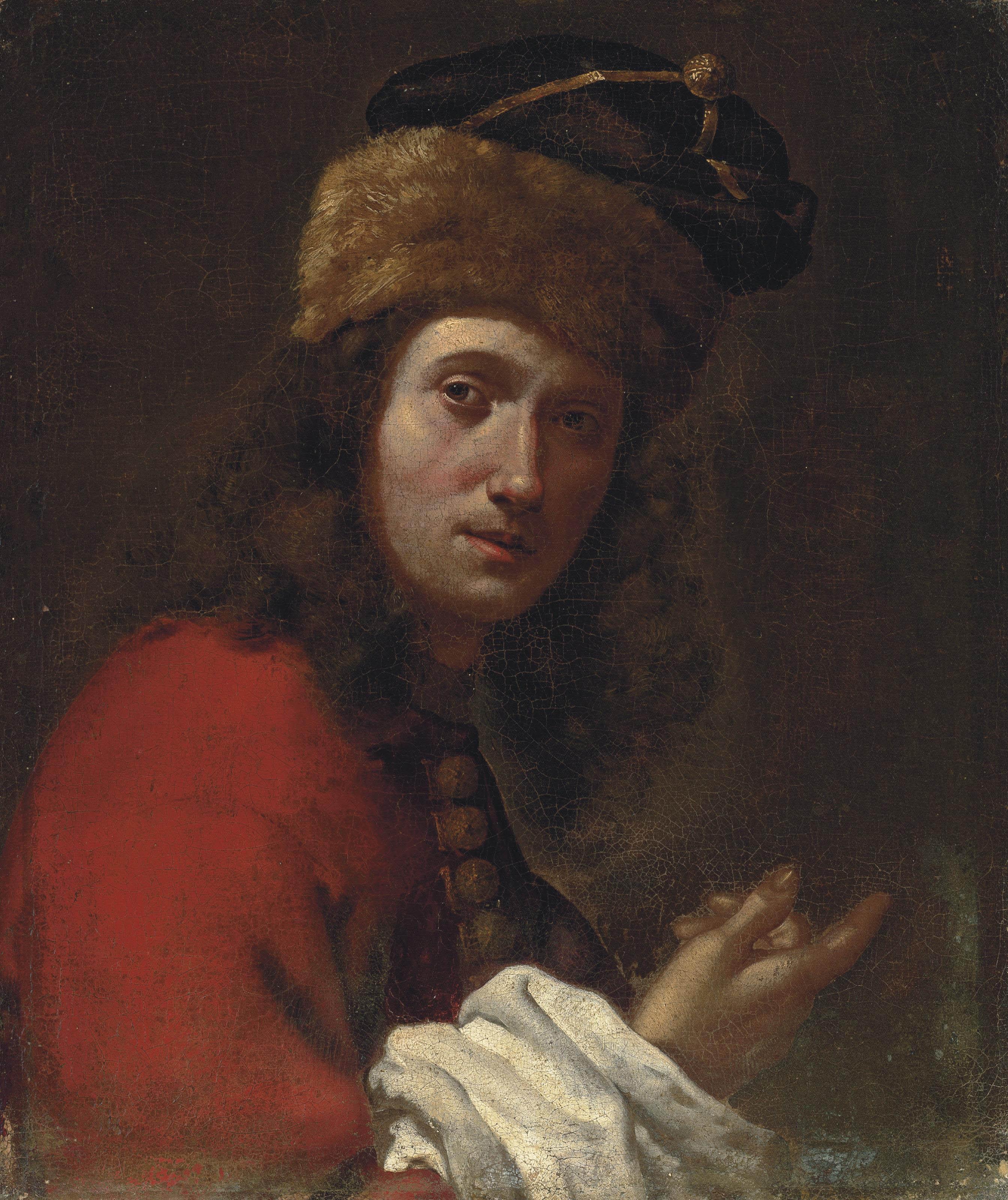 Lorenzo Lippi - Portrait of a man, bust-length, in a red, fur-trimmed coat and black fur hat