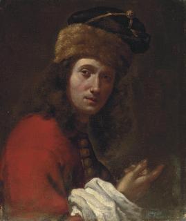 Lorenzo Lippi - Portrait of a man, bust-length, in a red, fur-trimmed coat and black fur hat