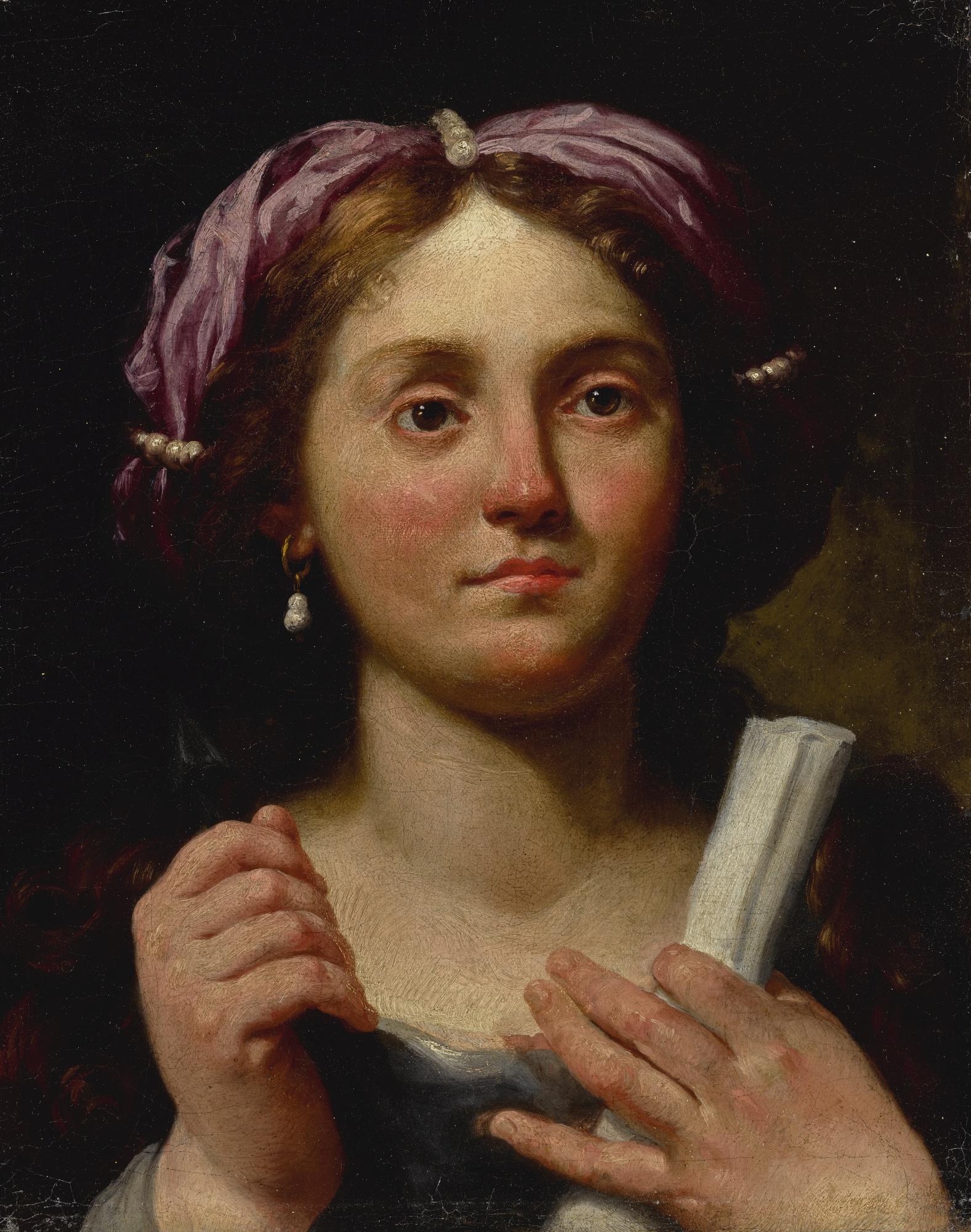 Lorenzo Pasinelli - A Portrait Of A Lady, Possibly A Sibyl, Bust Length, Holding An Arrow And A Scroll