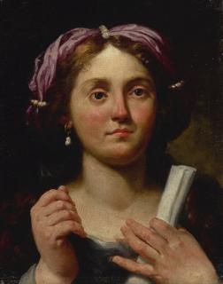 Lorenzo Pasinelli - A Portrait Of A Lady, Possibly A Sibyl, Bust Length, Holding An Arrow And A Scroll
