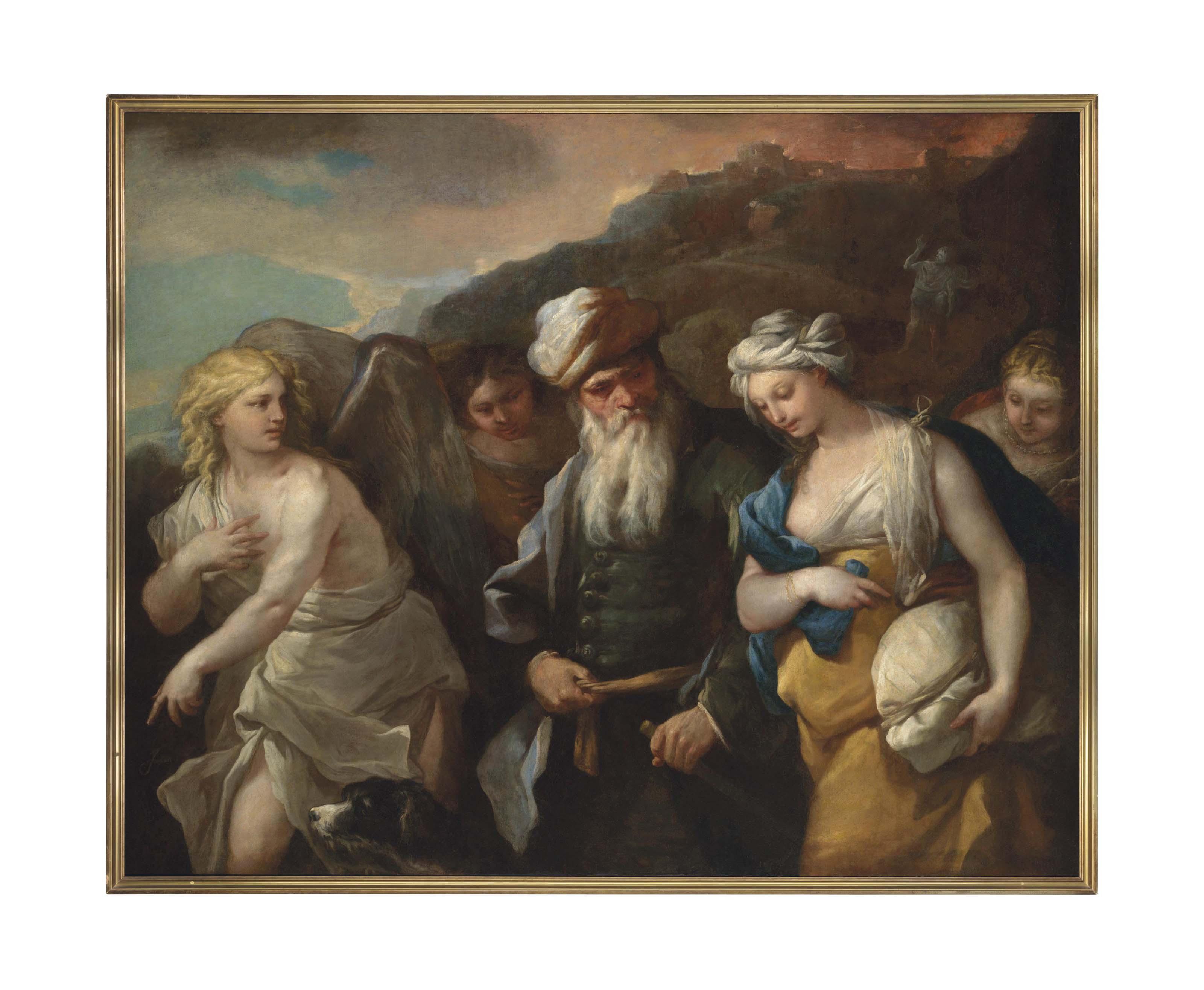 Lot and his Daughters with two angels, with the burning city of Sodom beyond