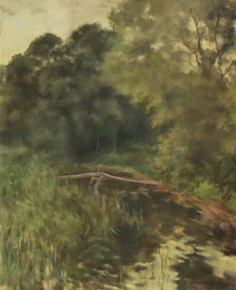Lotte Laserstein - Baumreiche Landschaft mit Steg am Waldteich