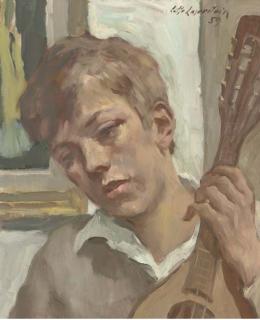 Lotte Laserstein - Portrait of a boy, bust-length, playing a mandolin