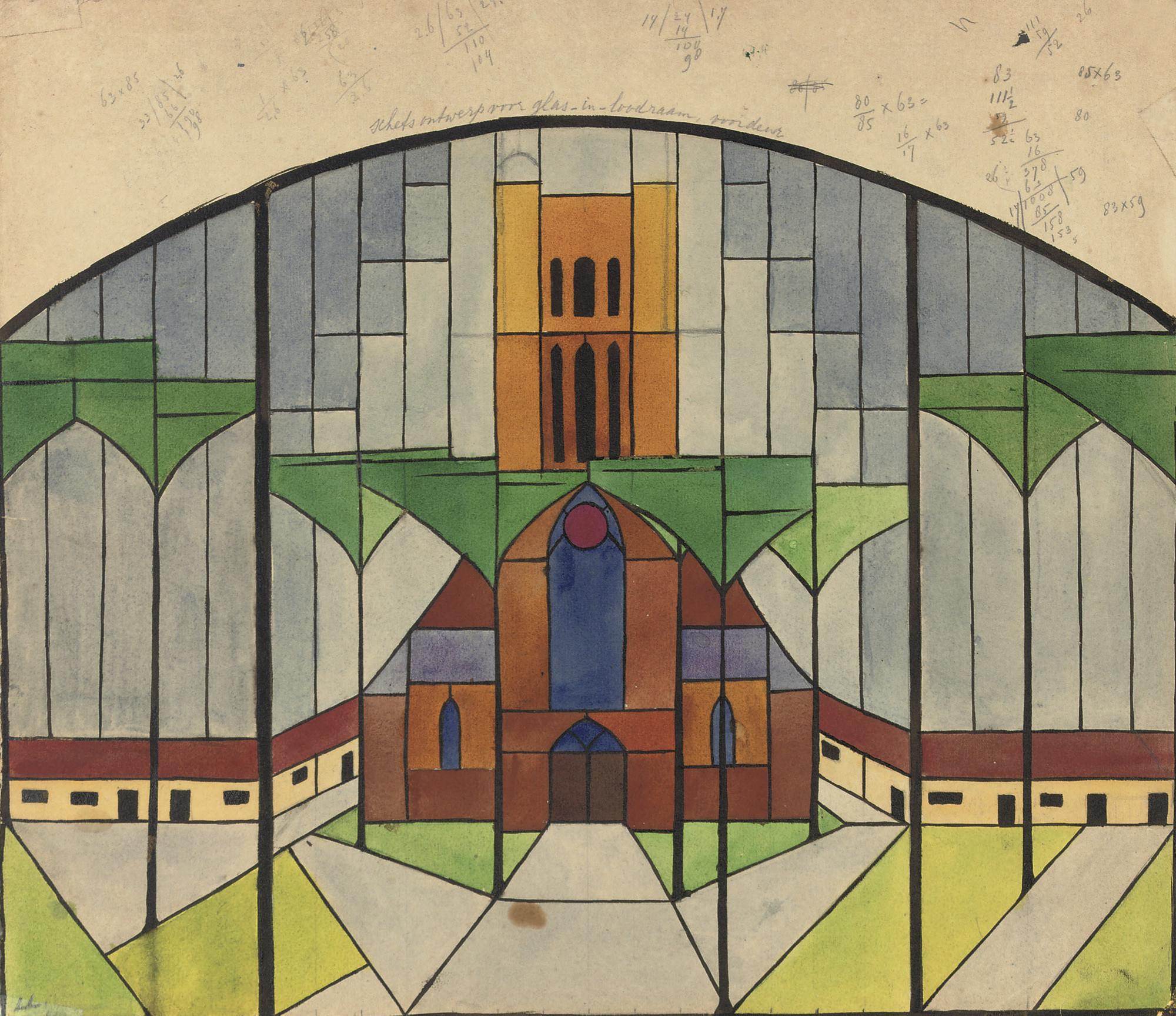 Lou Loeber - Schetsontwerp Voor Glas-In-Loodraam, Voordeur