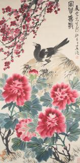 Lou Shibai - Magpie, Plum Blossoms and Peonies