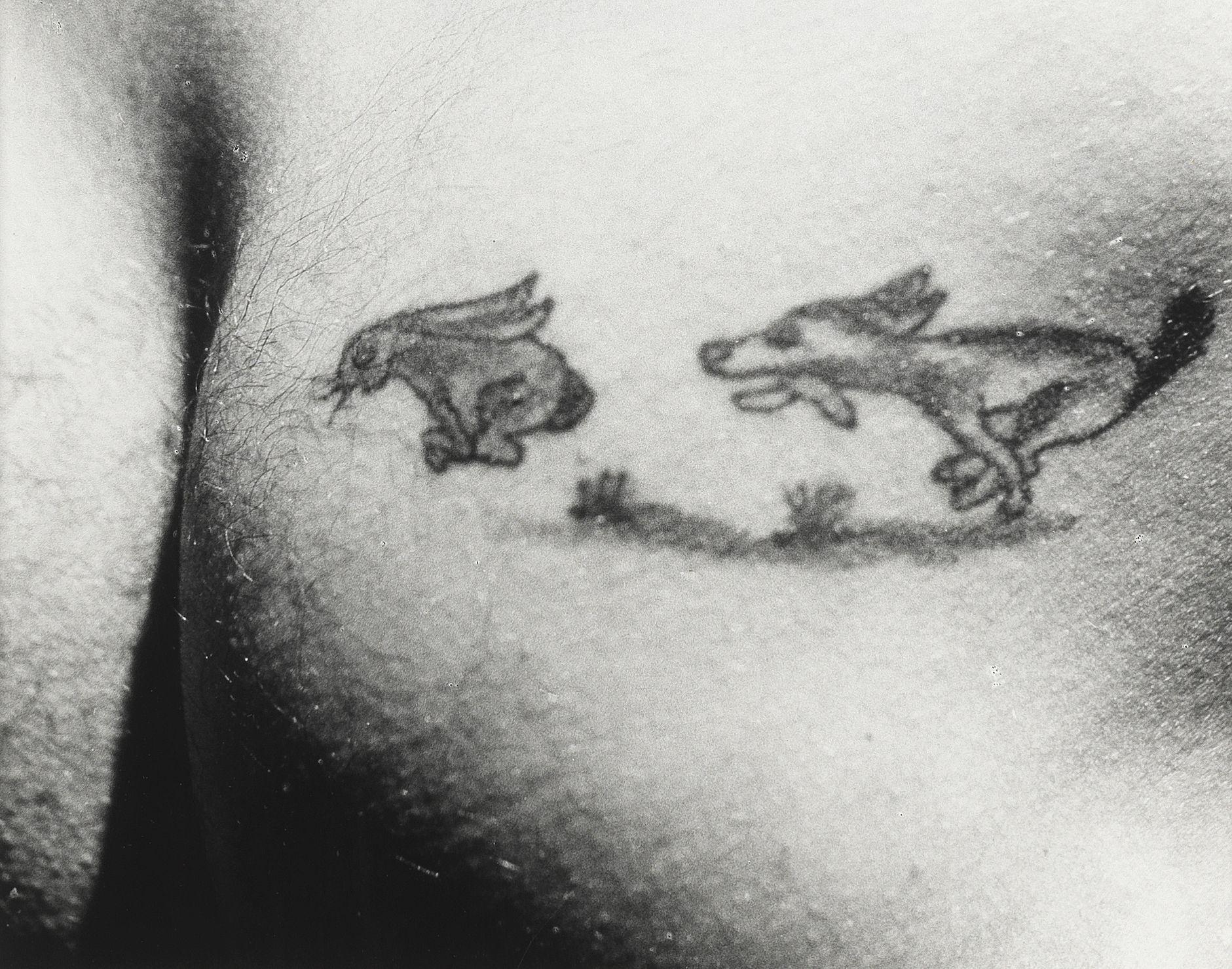 Lou Stoumen - Dog chasing rabbit into hole: Tattoo Aboard US Mission bay, South Atlantic