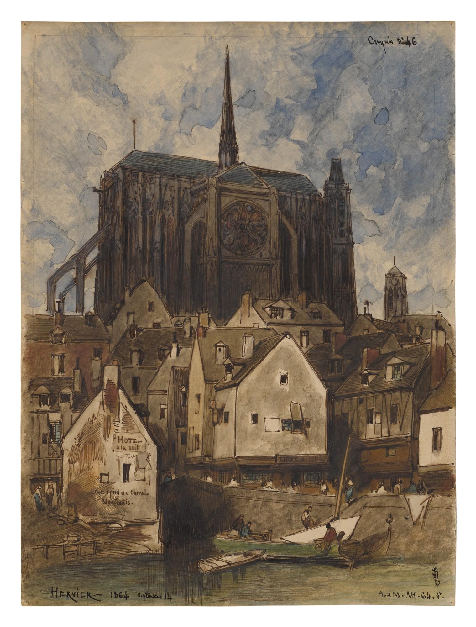 Louis-Adolphe Hervier - Two watercolors depicting the exterior and interior of a Cathedral, probably in Chartres