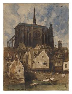 Louis-Adolphe Hervier - Two watercolors depicting the exterior and interior of a Cathedral, probably in Chartres