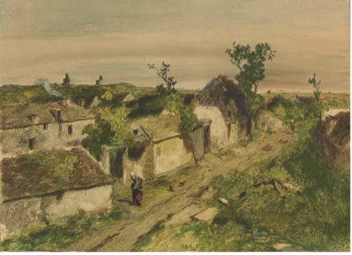 Louis Adolphe Hervier - View of a village with figures on a path