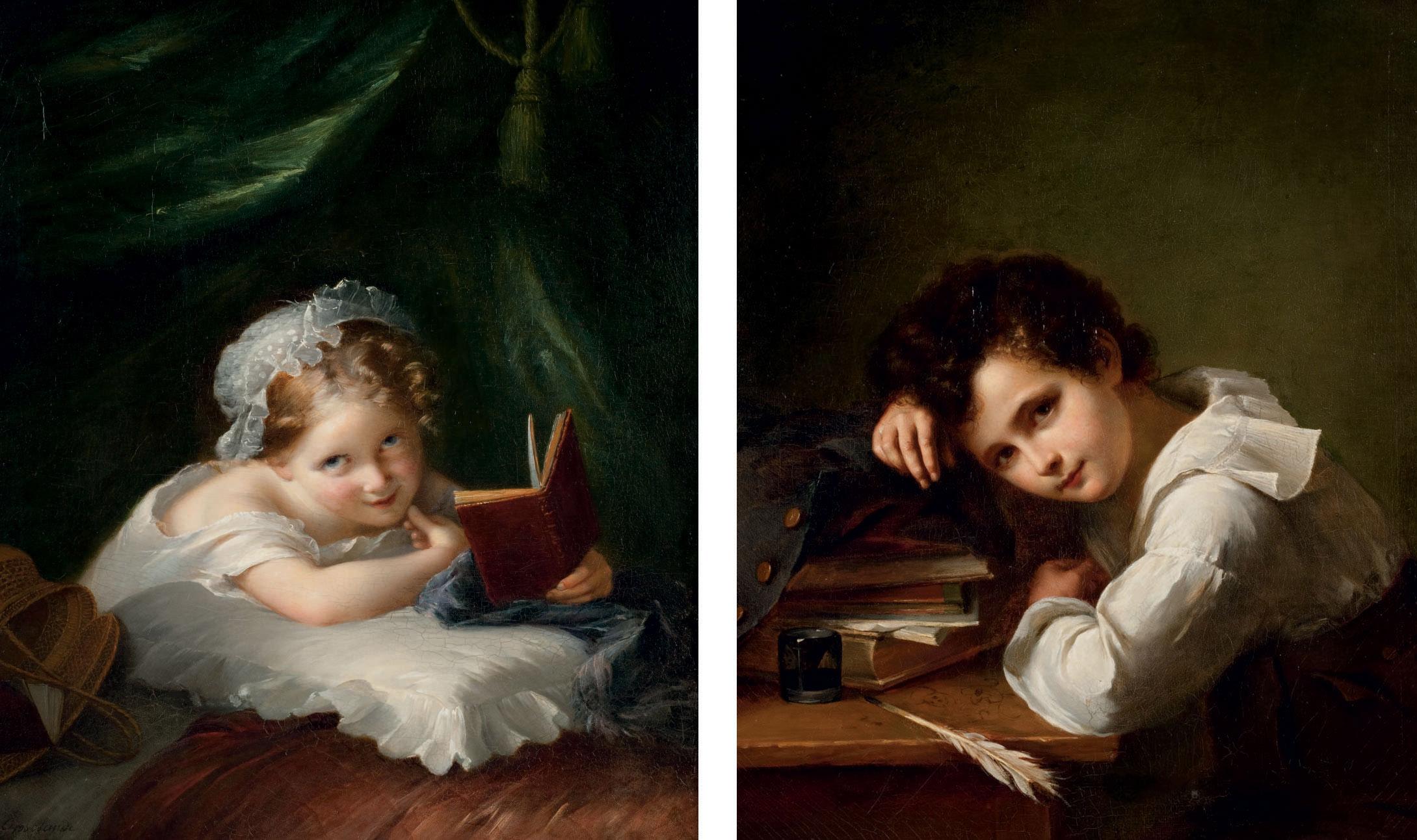 Louis Aime Grosclaude - Portrait de jeune garçon accoudé à ses livres ; Portrait de jeune fille tenant un livre