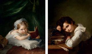 Louis Aime Grosclaude - Portrait de jeune garçon accoudé à ses livres ; Portrait de jeune fille tenant un livre