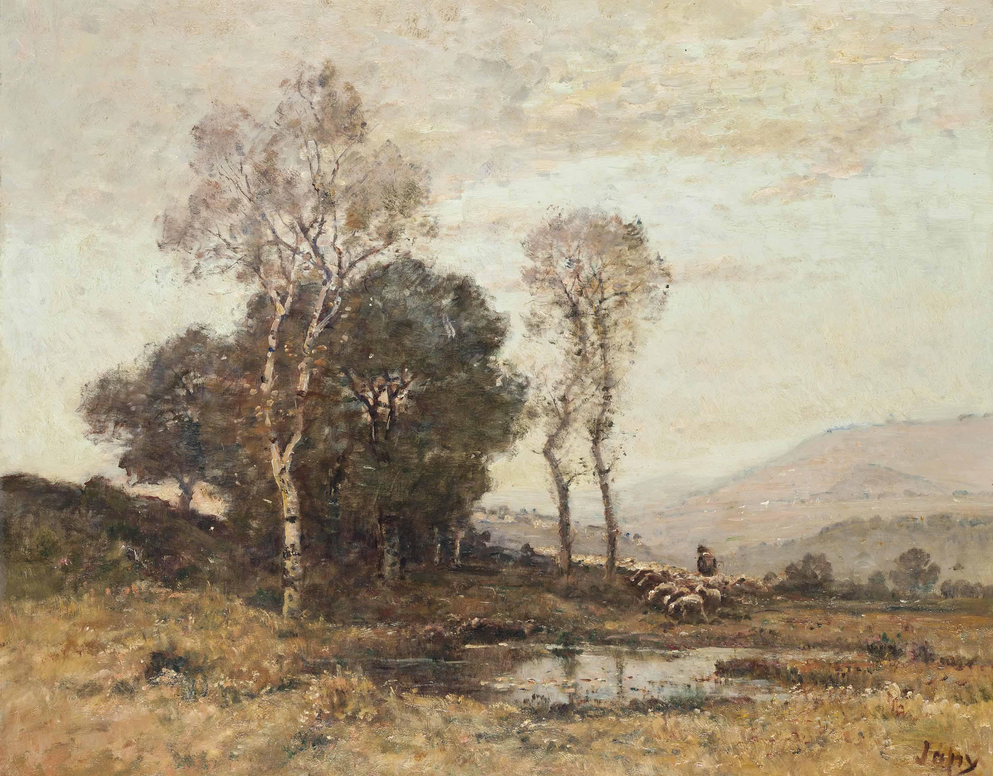 Louis-Aimé Japy - A shepherd tending to his flock by a pool