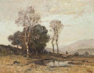Louis-Aimé Japy - A shepherd tending to his flock by a pool